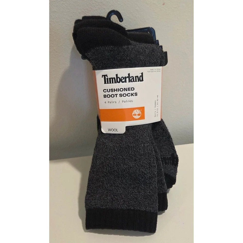 Timberland Mens Cushioned Boot Socks 4 Pairs Wool Blend  Black Size 9-12 NEW